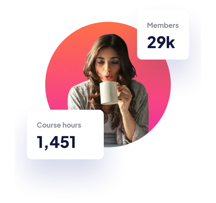 Her woman drinking coffee and using computer with 2 tags: 29k members and 1451 course hours.